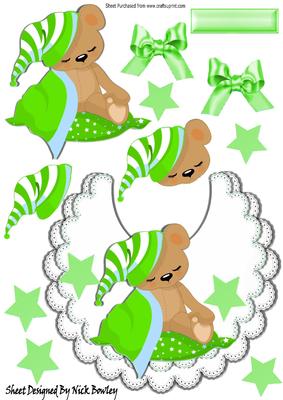 Baby Teddy with Green Blanket on Lace Bib