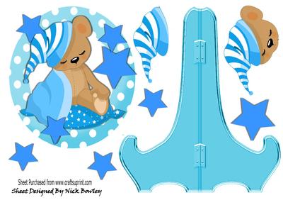 Cute Teddy with His Blue Blanket and Stars Plate and Stand