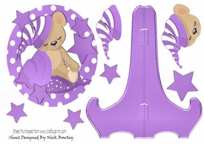 Cute Teddy with Her Purple Blanket and Stars Plate and Stand