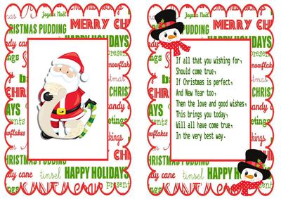 Santa with His List and Snowman in Hat Insert with Verse