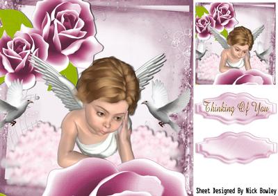 Sweet Angel with Pink Roses and Doves 8x8