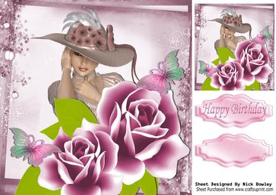 Pretty Vintage Lady in Hat with Roses & Butterflies 8x8