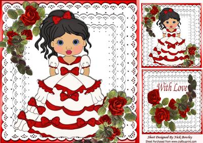 Pretty Red Cascading Roses,with Lady in Red on Lace 8x8