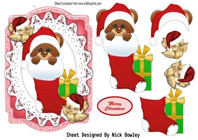 Christmas Teddy in a Stocking with Robin, Bracket Topper