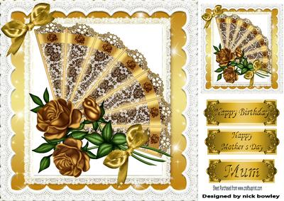 Pretty Gold Lace Fan with Roses, in Lace Frame 8x8