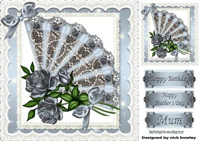 Pretty Silver Blue Lace Fan with Roses, in Lace Frame 8x8