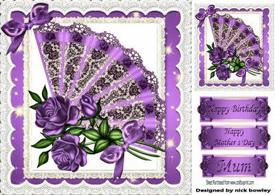 Pretty Purple Lace Fan with Roses, in Lace Frame 8x8