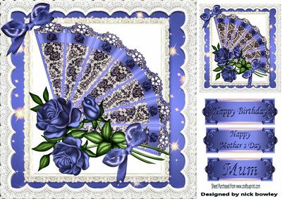 Pretty Blue Lace Fan with Roses, in Lace Frame 8x8