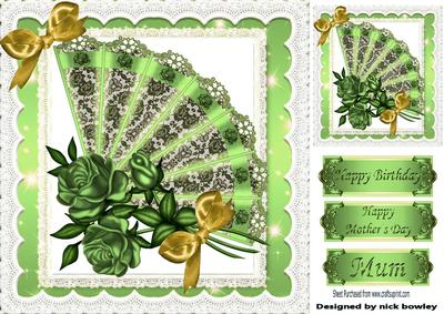 Pretty Green Lace Fan with Roses, in Lace Frame 8x8