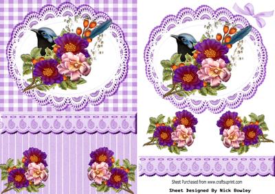 Blue Bird with Flowers, Lace and Lilac Gingham Card/topper