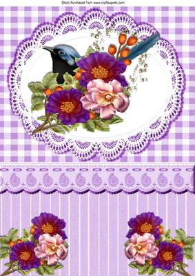 Bird with Flowers, Lace and Lilac Gingham A4