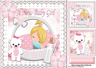 Cute Little Baby Girl in a Basket with Teddy 8x8