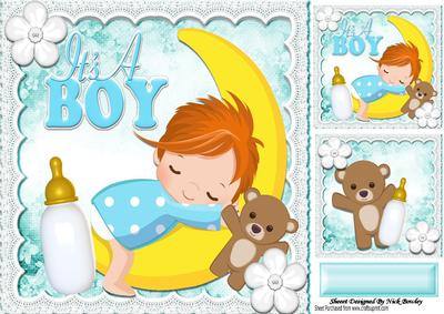 Sleepy Baby Boy on the Moon with Teddy 8x8