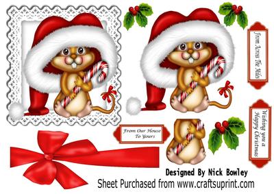 Little Mouse in Big Santa Hat with Candy Cane