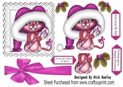 Little Mouse in Big Pink Santa Hat with Candy Cane