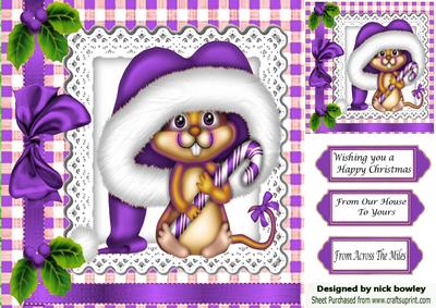 Cute Mouse Holding Candy Cane in Purple Santa Hat 8x8