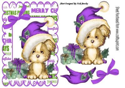 Cute Puppy in Purple Santa Hat with Present