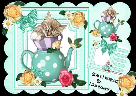 Sweet Kitty in a Teacup with Flowers and Bows 8x8 Mini Kit