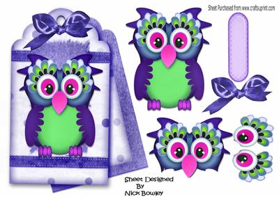 Cute Owl on a Fancy Purple Tag with Bow