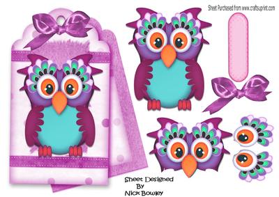 Cute Owl on a Fancy Pink Tag with Bow