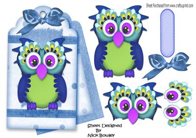 Cute Owl on a Fancy Blue Tag with Bow