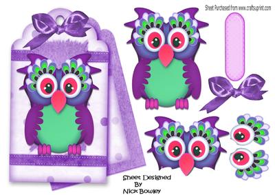 Cute Owl on a Fancy Lilac Tag with Bow