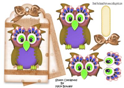 Cute Owl on a Fancy Brown Tag with Bow