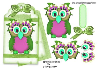 Cute Owl on a Fancy Green Tag with Bow