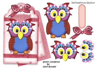 Cute Owl on a Fancy Rose Pink Tag with Bow
