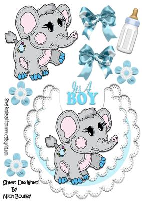 Little Stitched Ele on Boys Lace Bib with Bottle & Bows