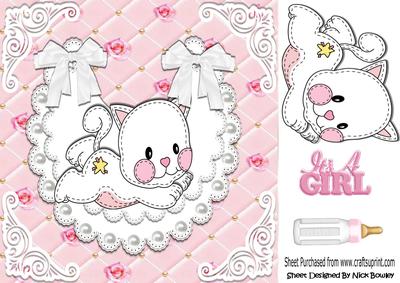 Pearl Lace Bib on Rose Quilt with Stitched White Kitty 8x8
