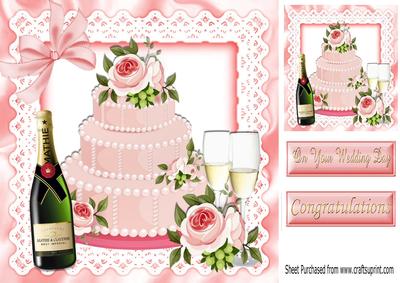 Pretty Wedding Cake with Pink Roses and Champers 8x8