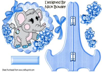 Cute Little Ele on Lace and Blue Stand with Flowers