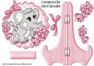Cute Little Ele on Lace and Pink Stand with Flowers