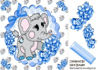 Cute Little Ele on Lace with Bow and Blue Roses 8x8