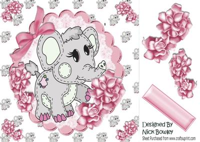 Cute Little Ele on Lace with Bow and Pink Roses 8x8