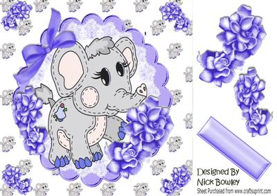 Cute Little Ele on Lace with Bow and Purple Roses 8x8