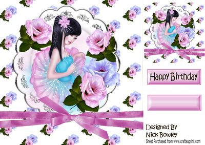 Pretty Oriental Girl on a Plate with Flowers & Bow 8x8