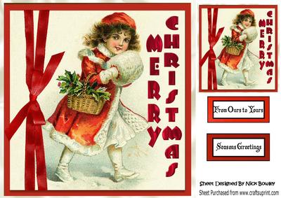 Vintage Girl with Holly in Basket 8x8