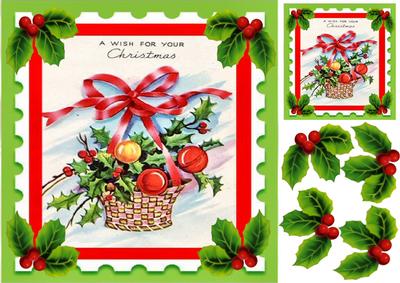 Basket of Baubles with Holly and Bow 8x8