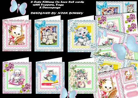 6 Cute Kittens on Lace 8x8 Cards with Toppers