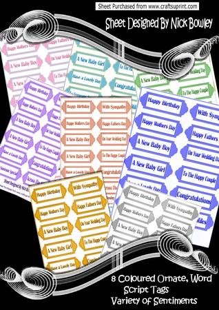 Lovely Ornate Coloured Sentiment Tags on A4 Kit