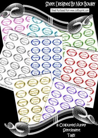 8 Coloured Oval Tags Funky Girlie Sentiments Kit