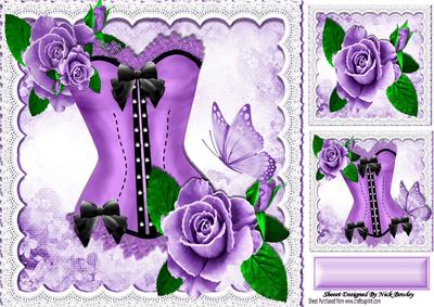 Pretty Lilac and Black Lace Basque with Roses 8x8