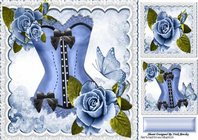 Pretty Blue and Black Lace Basque with Roses 8x8