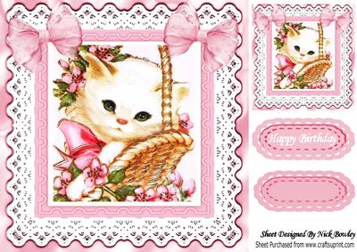 Cute White Kitty on Lace with Pink Bows 8x8