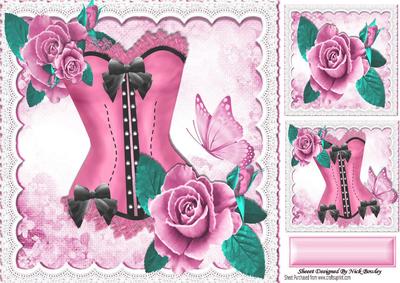 Pretty Rose Pink and Black Lace Basque with Roses 8x8