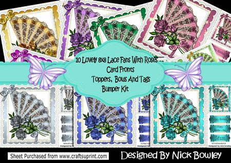 Lace Fans with Roses Card Fronts 8x8 & Topper Bumper Kit