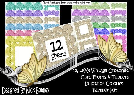 12, Vintage 8x8 Crotchet Coloured Card Fronts & Toppers Kit