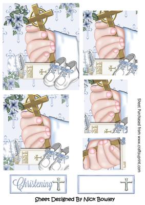 Hand Holding Cross with Bible and Blue Baby Shoes Pyramids